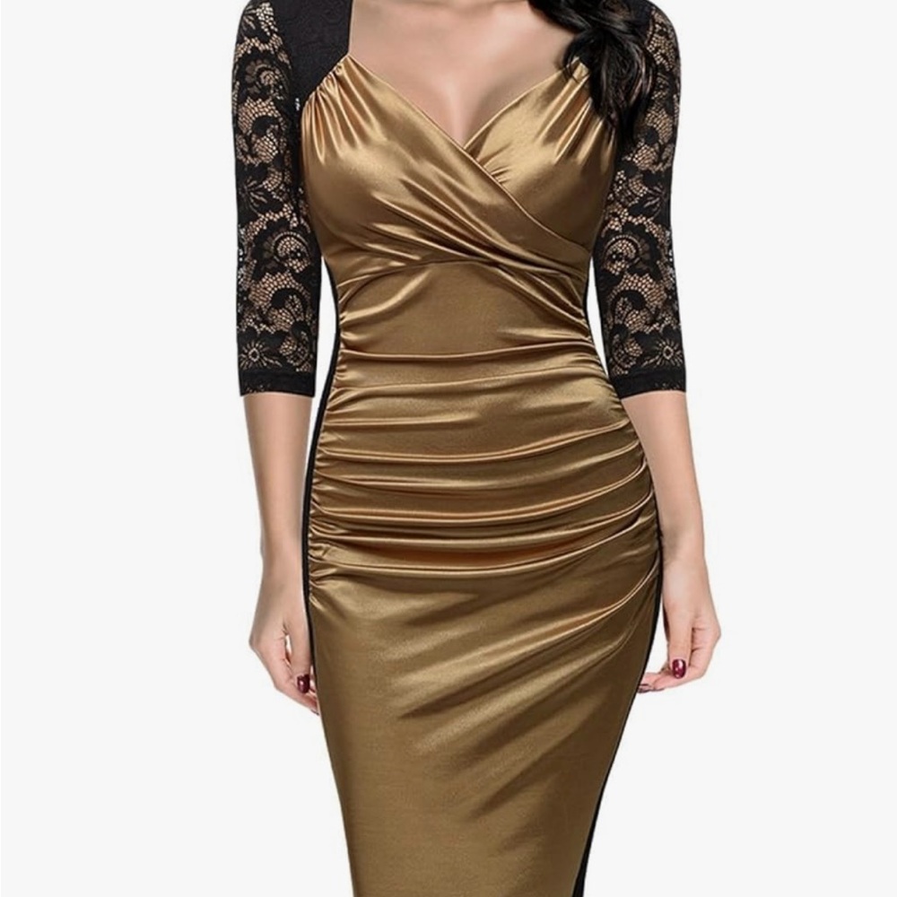 Miusol Gold Dress with Black Lace Sleeves